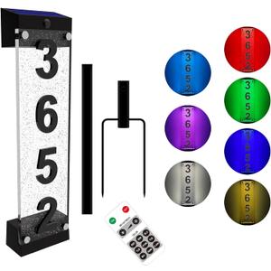 Solar House Numbers for Outside, Acrylics Solar Address Sign with Iron Stakes, Waterproof RGBW Color Changing Remote Control, Lighted Modern Address Plaque Solar Powered for Street Yard Home