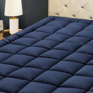 HYLEORY Queen Mattress Pad Quilted Fitted Mattress Protector Cooling Pillow Top Mattress Cover Breathable Fluffy Soft Mattress Topper with 8-21" Deep Pocket, Navy