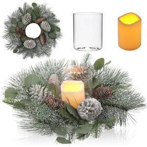 18" Christmas Wreath for Table Centerpieces Advent Wreath with Flameless Candles Table Wreath with Detachable Glass Holder Rusitc Christmas Candle Centerpieces Artificial Wreaths for Front Door Window
