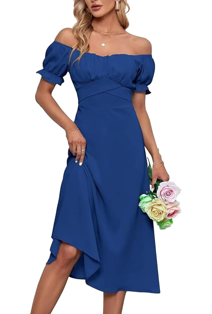 Womens Off Shoulder Midi Dress Elegant Solid Color Ruffle Puff Sleeve Flwoy Vacation Party Prom Dresses XL