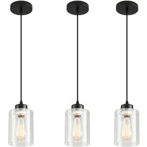 Pendant Light Fixture, 3 Pack Hanging Ceiling Lamp with Clear Glass Shade, Adjustable, Kitchen and Dining Room, Black, 30 x 15 x 22 cm
