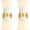 Modern Wall Sconce Set of 2, HWH 2-Light Up Down Wall Light Indoor Vanity Wall Lamp, Brushed Gold Bathroom Vanity Sconce Frosted White Striped Glass Shade, 5HZG97B-2W-2PK BG