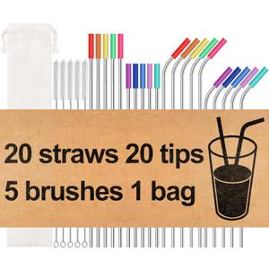 20 Pack Reusable Stainless Steel Metal Straws,10.5" & 8.5" Reusable Drinking Straws with 20 Silicone Tips 5 Straw Brushes 1 Travel Case,Eco Friendly Extra Long Metal Straw Fit for 20 24 30 oz Tumbler