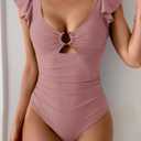 Eomenie Womens Ruffled One Piece Swimsuit Slimming Tummy Control Bathing Suit V-Neck Cutout Swimwear for Resort Wear Bare Pink M 
