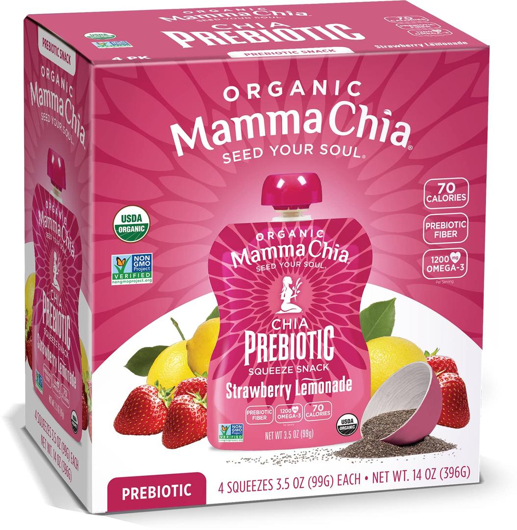 Mamma Chia Strawberry Lemonade Organic Prebiotic Squeeze Snack, Non GMO, No Added Sugar, 14 Ounces, BBD 01/31/2027 (Pack of 6)