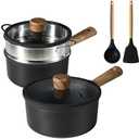 CAROTE 7 PCS Nonstick Sauce Pan Set, 2.0Qt & 2.5Qt Sauce Pots with Lid, Steamer Basket, Silicone Spatula and Spoon with Wooden Handle, Titanium Induction Cooking Pot with Stay-Cool Handle, Black