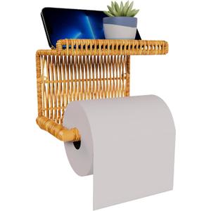 Synthetic Rattan Toilet Paper Holder with Shelf  Fits Mega Rolls, Boho Bathroom Decor Roll Holder for RV, Washroom, Kitchen  Water-Resistant Woven Tissue Dispenser (Natural, Screw Mount)
