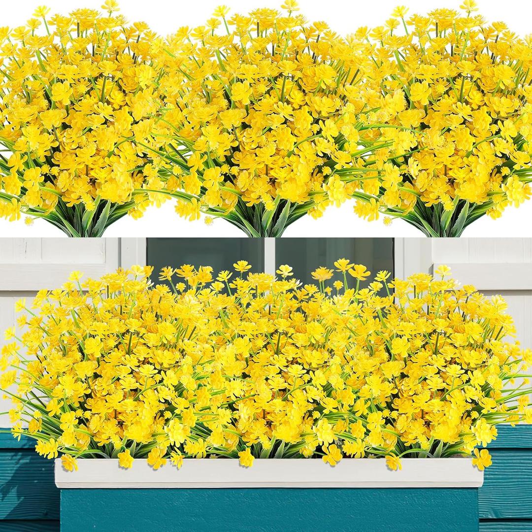 24 Bundles Artificial Flowers for Outdoor,UV Resistant No Fade Fake Plastic Flowers Faux Plants for Hanging Planters Decoration Indoor Outside Garden Porch Window Box Home Wedding Farmhouse (Yellow)