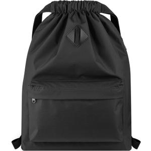 Vorspack Drawstring Backpack Water Resistant String Bag Sports Gym Sack with Side Pocket for Men Women (01-black)
