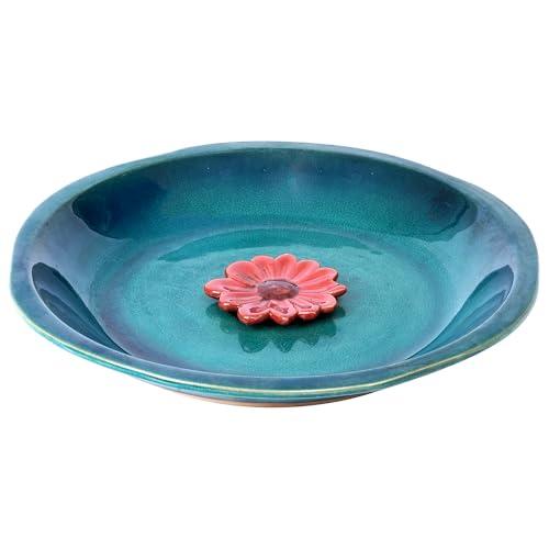 Voltogar Ceramic Bird Bath for Outside, Bird Bath Bowl with Vintage Decoration for Garden & Patio, Ground, Deck, Balcony Yard Lawn Decor Blue Bird Drinker Plate - Red Flower, 12.25"