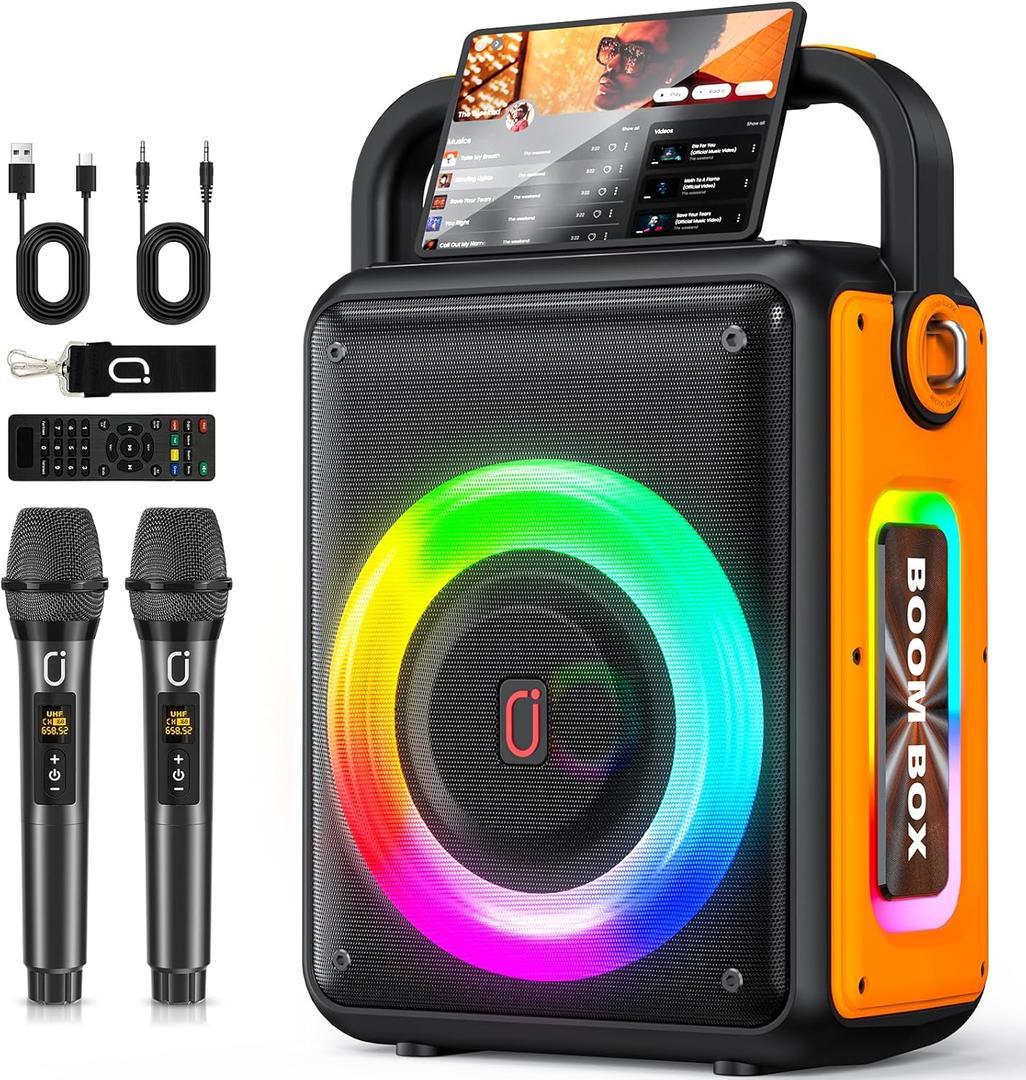 Karaoke Machine for Adults and Kids with 2 Wireless Microphones, 300W, 24H Playtime, RGB DJ Lights & TWS/USB/AUX/TV, Pro Portable Party Bluetooth Speaker for Home/Outdoor/Gifts (Black and Orange)
