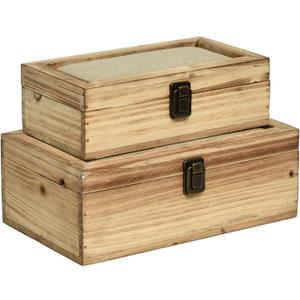 DECOR4SEASON Decorative Storage Boxes with Hinged Lid, 2 Pcs Memory Box for Keepsakes, Wooden Treasure Chest Box, Large Vintage Craft Box Trunk Basket for Men, Kids, Jewelry, (Linen Lid, White) (Natural Brown)