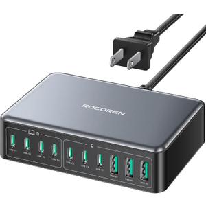 480W USB C Charger Block, Rocoren 10-Ports USB C Charging Station for Multiple Devices,PD 100W Type c Gan Fast Charger Station Multi USBC Charging Hub for Laptop MacBook HP iPad iPhone Samsung