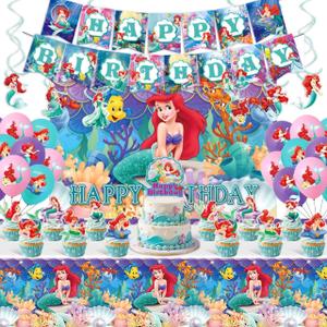 Ariel Birthday Party Supplies, Party Decorations Set Include Banner, Backdrop, Tablecloth, Balloons, Hanging Swirls, Cake Cupcake Toppers for Girls Little Mermaid Party Decorations