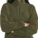 Womens Fleece Sweatshirts Cropped Half Zip Fuzzy Warm Sherpa Pullover Varsity Jackets with Zipper Pockets (Medium, Dark Olive)