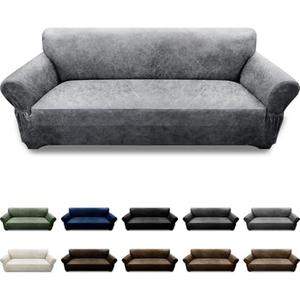 Pfrstuv Couch Cover Leather Look 3 Seater Couch Sofa Cover 1-Piece Sofa Slipcover Stretch Furniture Protector with Elastic Bottom & Pockets(Sofa, Light Grey)
