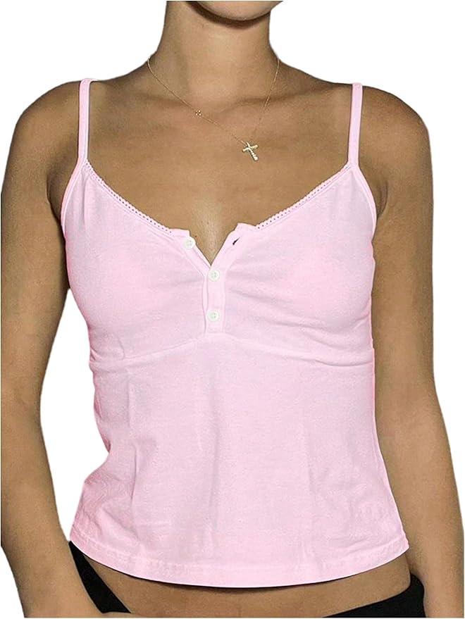 RoseSeek Women's Lace Trim Spaghetti Strap Tank Tops Button Front Crop Camisole Top Coquette Clothes, Size M