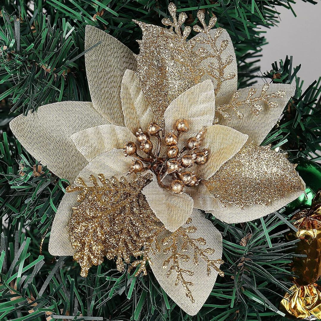 RECUTMS Christmas Tree Ornaments 10Pcs Glitter Poinsettia, Artificial Poinsettia Flowers Xmas Tree Ornaments 6" Wide for Xmas Tree Wreaths Garland Holiday Seasonal Wedding Decorations(Gold)