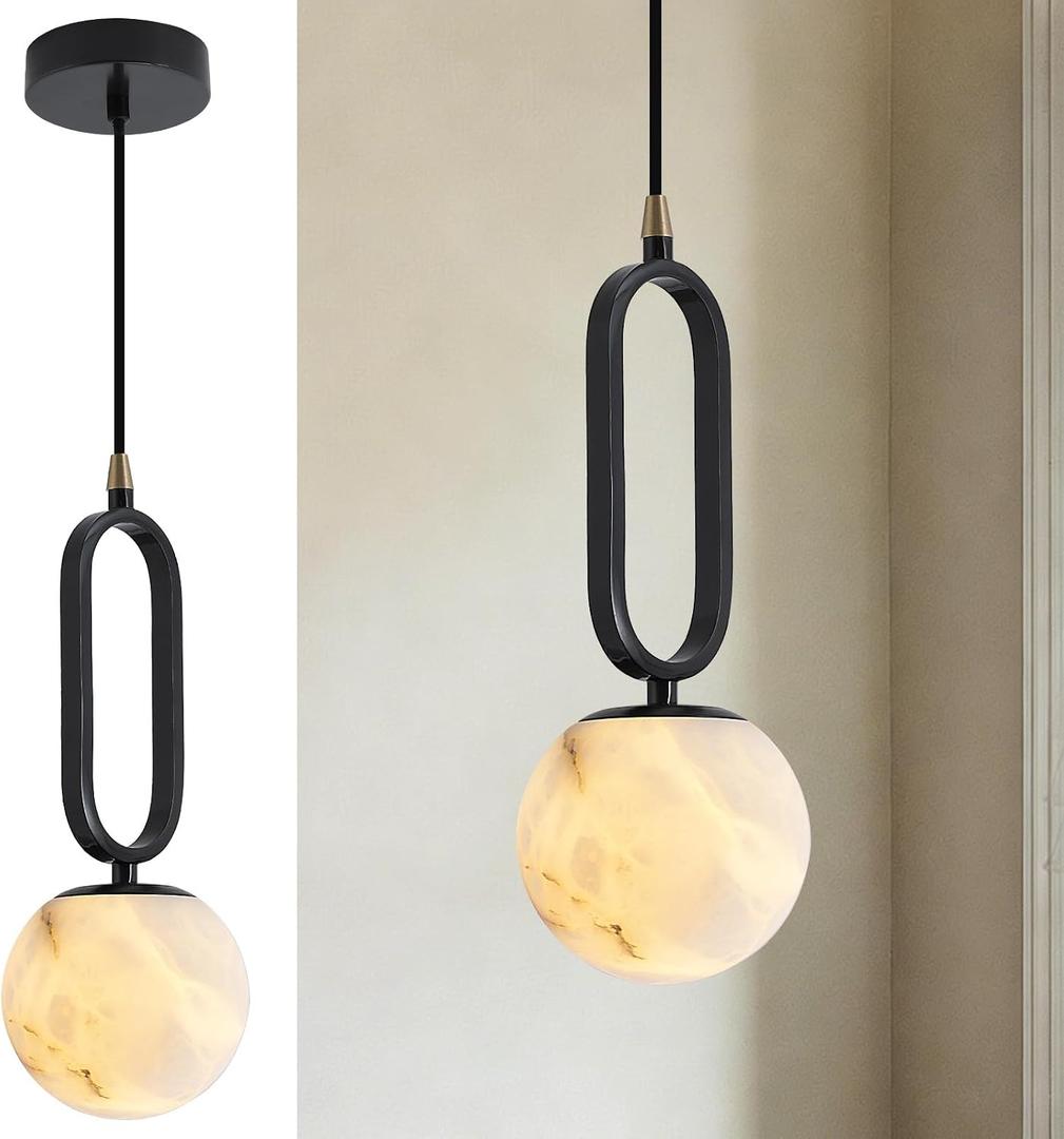 Modern Minimalist Natural Alabaster Stone Pendant Light Frosted Sphere Linear Black Metal Adjustable Hanging Lamp with G9 Base for Bedroom Kitchen Island Dining Room, One Size