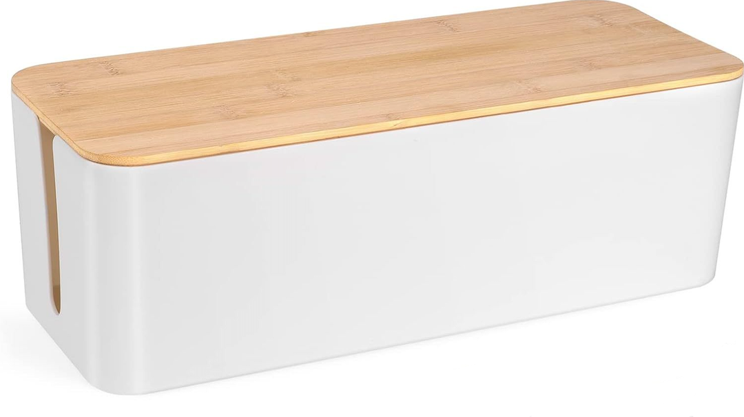 Cable Management Box - Wooden Style Large Cord Organizer Box to Hide Wires, Desk Computer Cable Organizer Box | Safe ABS Material |16" (L) x 6.2" (W) 5.3" (H)|for Home & Office - White
