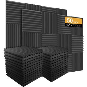 50 Pack Acoustic Panels Soundproof Studio Foam for Walls Sound Absorbing Panels Sound Insulation Wedge for Studio, 1" X 12" X 12" (Black)