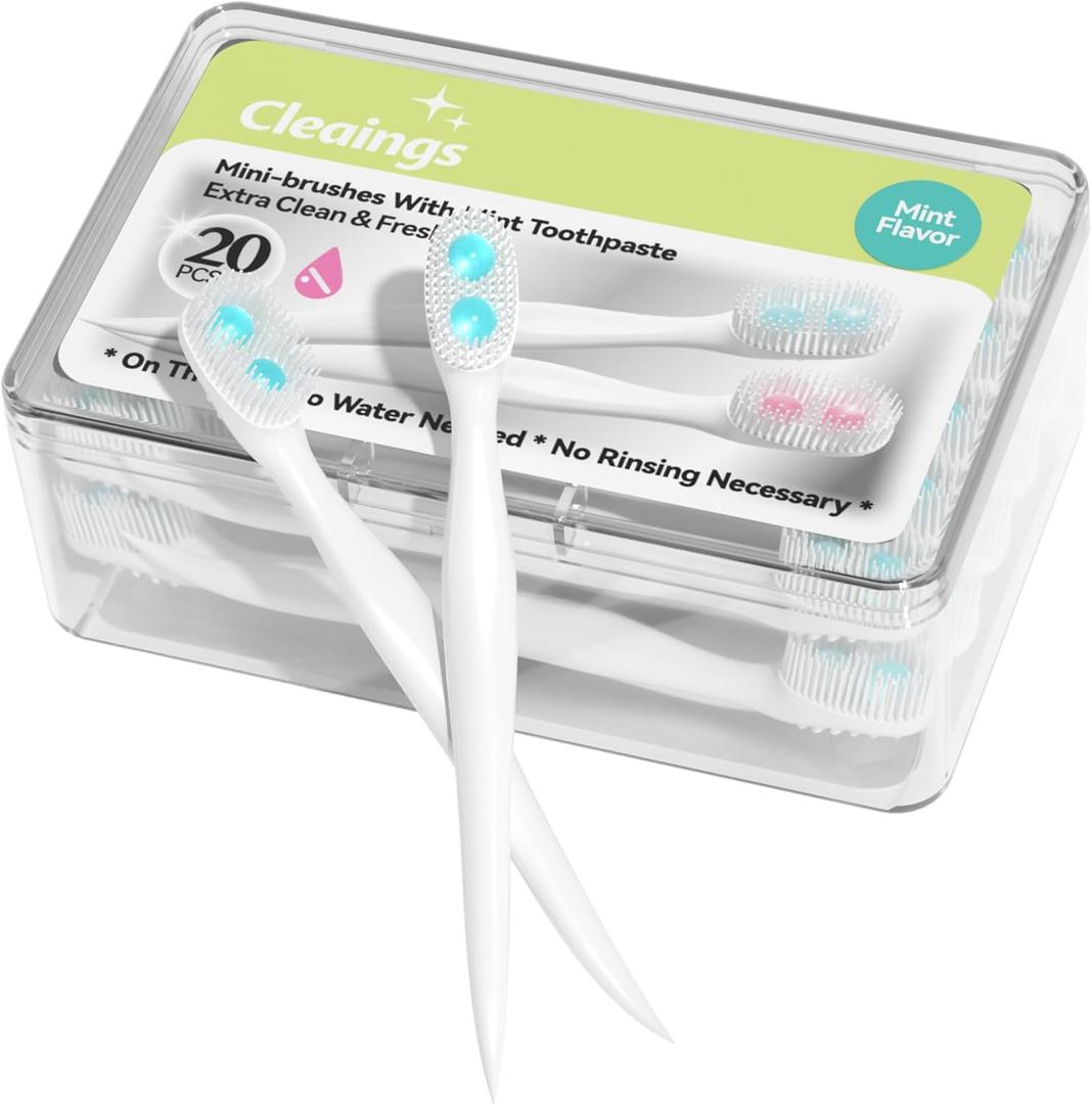 cleaings Mini Brushes-Disposable Toothbrushes with Double Cleaning Beads Toothpaste and Pick for Work or Travel, 20 Count-Mint FlavorPack of 1