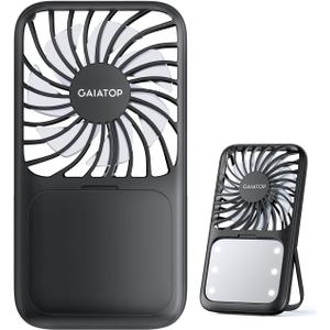 Gaiatop Portable Handheld Fan, Folding Stand for Desktop, 3 Speed LED Makeup Mirror with Light, Rechargeable Mini Personal Fans Small Travel Essentials Gifts for Women Girls Black
