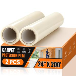 2rolls 3mil carpet protection film 24" x 200'，self-adhesive plastic carpet protection film, easy to clean, remove and unfold, durable protective tape, effectively prevents surface stains and spills