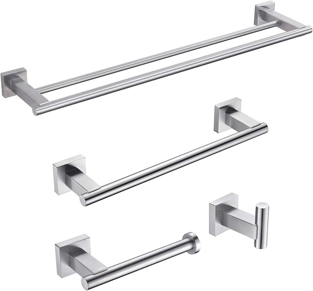 Miyili Bathroom Accessories Set 4-Piece Bath Hardware Kit Brushed Stainless Steel Wall Mount - Includes Double Towel Bar, Hand Towel Rack, Toilet Paper Holder, Robe Hook, BS02N4