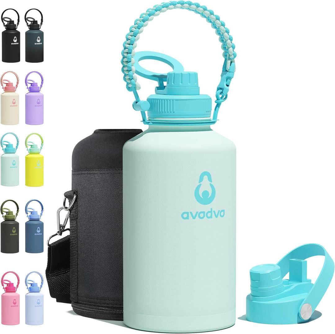 64 oz Water Bottle with 2 Lids (2-in-1 Straw & Spout Lid, Magnetic Lid), Insulated Water Bottle with Strap, Stainless Steel Water Bottle for Hiking, Gym, Travel, BPA-Free, Green
