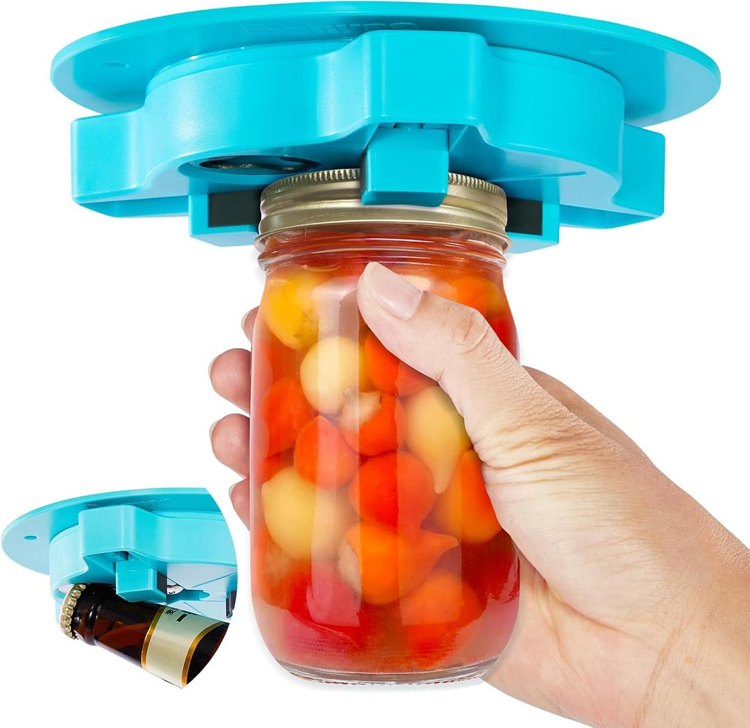 Banyaa Jar Opener Bottle Opener for Seniors with Arthritis - Under Cabinet Jar Opener for Weak Hands, Rotary Lid Opener, Easy Twist-Off Lids for Jars & Bottles, Original Kitchen Gadgets (Cyan)