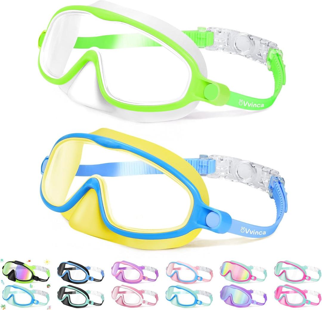 Vvinca 2 Pcs Kids-Swim-Goggles with Nose Cover, Swimming Diving Mask Wide View Anti Fog UV Anti Shattered Lens for Kids 3-6 (03-neon Green & Yellow)