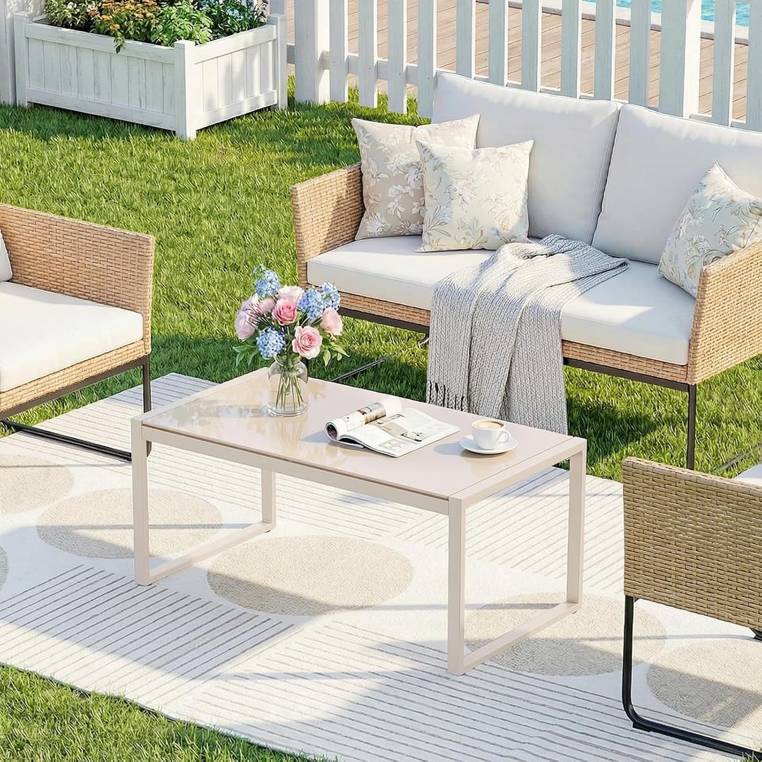ONBRILL Rectangle Coffee Table with Tempered Glass Desktop, Galvanized Frame Outdoor Coffee Table with Adjustable Feet for Patio, Balcony, Deck, Living Room, Sand, 33.1 inches x 17.7 inches x 14.9 inches