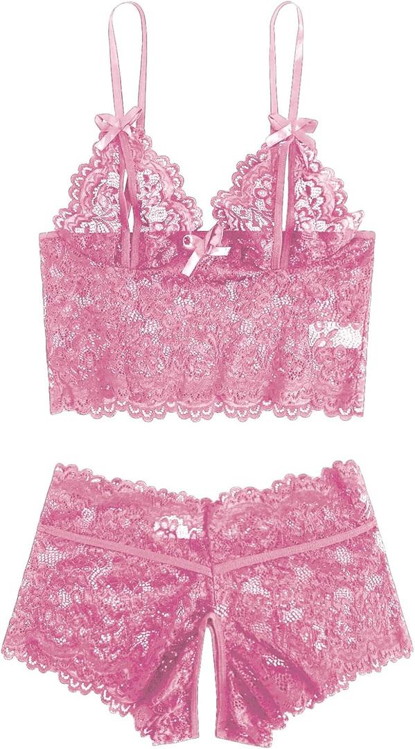SweatyRocks Women's 2 Piece Lingerie Set Sheer Lace Cut Out Bra and Panty Teddy Lingerie (Medium, Pink)