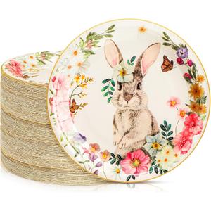 100 Pcs Easter Paper Plates 7'' Round Disposable Bunny Plates Bulk Egg He Is Risen for Holiday Spring Party Dessert Supplies(Beige,Cute Bunny)