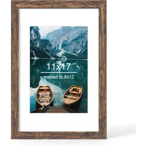 Hongkee 11x17 Frame, Rustic Brown Wood Style - Display 8 x 12 Picture with Mat or 11x17 Poster without Mat, Wall Mounting Horizontal and Vertical, 1 Pack