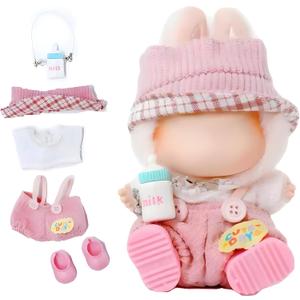Clothes for Labubu - 5 Pieces Clothing Set for 15cm&17cm Labubu, Cute Dolls Outfits for Girls, with Headband + Undershirt + Overalls + Shoes + Milk Bottle(Pink)