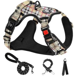 NESTROAD No Pull Dog Harness with Leash, Reflective No Choke Pet Vest Harness,Adjustable Soft Padded Dog Harness with Easy Control Handle for Small Dogs(Checkered Beige,Small) (Sneck 11-15" chest 15-21")
