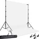 Photo Background Support System with 8.5 x 10ft Backdrop Stand Kit, 100% White Cotton Muslin Backdrop,Clamp, Carry Bag for Photography Video Studio