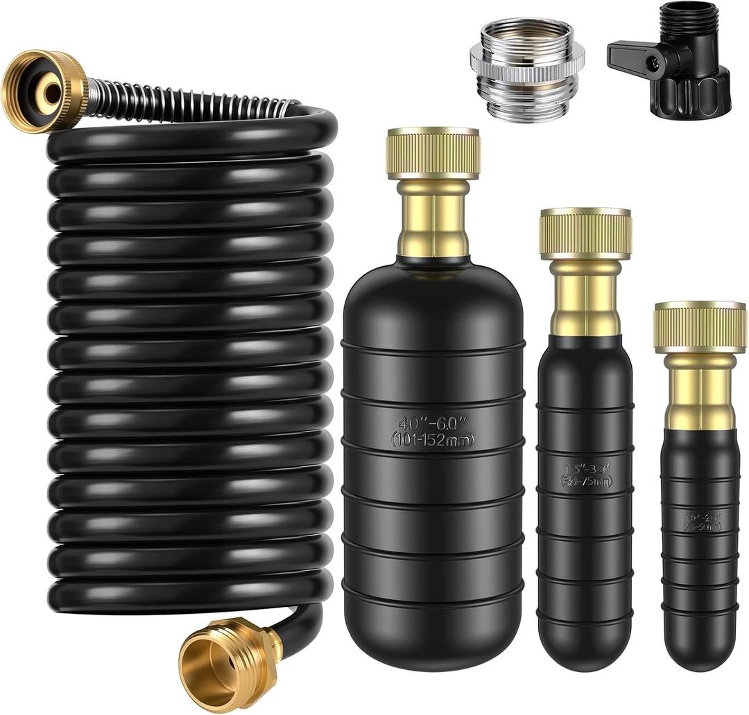 3 Pcs Drain Bladder Kit, Drain Cleaning Bladder Fits 1" to 6" Pipes, with 10 ft Retractable Hose, Shut-Off Valve & Brass Faucet Adapter Fits Most Faucets For Sinks, Showers, Pools & Drains (Black) 3 Pcs Drain Bladder Kit, Drain Cleaning Bladder Fits 1" to 6" Pipes, with 10 ft Retractable Hose, Shut-Off Valve & Brass Faucet Adapter Fits Most Faucets For Sinks, Showers, Pools & Drains (Black)
