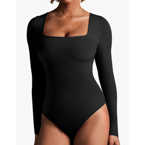 IUGA Long Sleeve Bodysuits for Women Square Neck Bodysuit Shapewear Bodysuit Tummy Control Slimming Body Suit for Womens, M, Black
