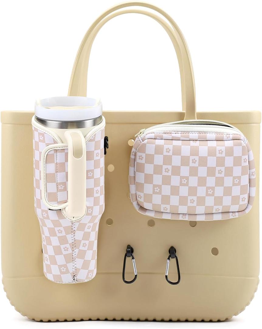 4PCS Organizer Holder for Bogg Bag, Accessories for Bogg Bags, Phone & Cup Holder compatible with Bogg Bag Original, Bag is not included (Floral Checkers)