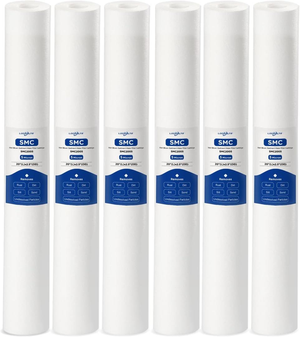 Whole House 20" x 2.5" Spun Polypropylene Depth Sediment Water Filter Cartridge 20" Pre-Filter Replacement for SDC-25-2005, P5-20, PD-5-20, EQ-304-20, SDF-25-2005, MB-25200-05 (5 Micron, Pack of 6)