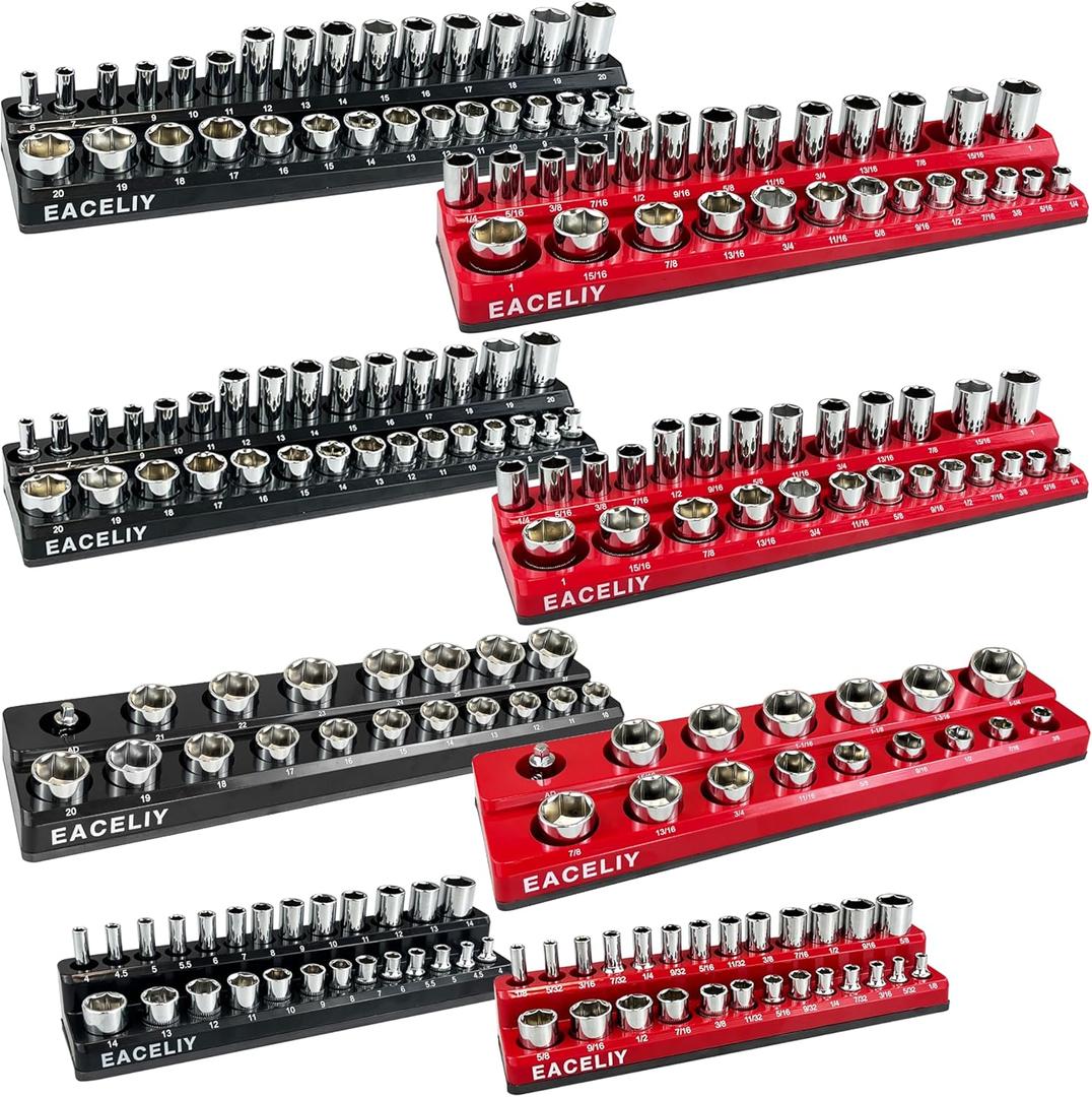 8Pcs Magnetic Socket Organizer Set, 1/2", 1/4" and 3/8" SAE & Metric Deep & Shallow Tools Tray Holder Kit, holds 199pcs Sockets (sockets not included) (8PC 1/2&3/8&1/4)
