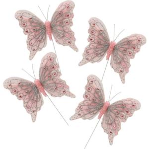 Set of 12 Glitter Monarch Feather Butterflies on Wire for Floral Arrangements and DIY Decorations (Light Pink)