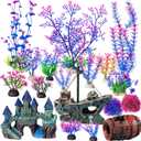 Zeyune 18 Pcs Aquarium Decorations Kit Fish Tank Decorations Set Small Resin Castle Sunken Ship Starfish Barrel Artificial Aquarium Plants for Fish Bowl