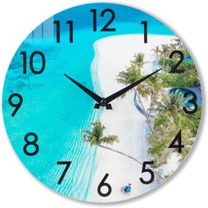 14 Inch Large Outdoor Clock Waterproof, Beach Coastal Nautical Indoor Outdoor Wall Clocks for Pool Patio Garden Bathroom Decor- Blue,Tempered Glass