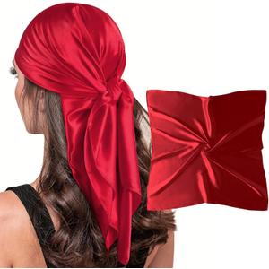 vimate 35" Square Silk Like Head Scarf - Women's Fashion Silk Feeling Scarf for Hair Wrapping and Sleeping at Night. (B20--red)