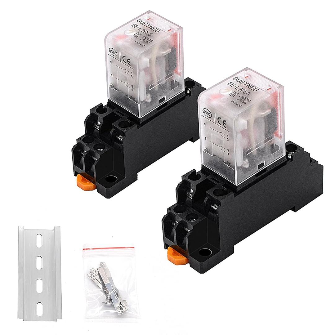 2 Pcs Electromagnetic Power Relays, Red Indicator Light, 8-Pin DPDT 10 A 110 VAC Relay with Plug-in Terminal Socket, DIN Rail Mounted, CQC, CE (EE-L2CLG)