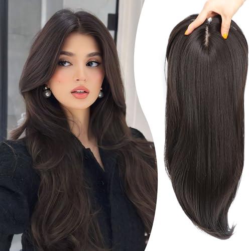 Synthetic Hair Topper with Bangs 18 Inch Layered Toppers for Women with Thinning Hair 5.5" x 5" hand Tied Forehead Hairline 360° 3D Cover Wispy Synthetic Toppers Hair for Women Fiber Wiglets